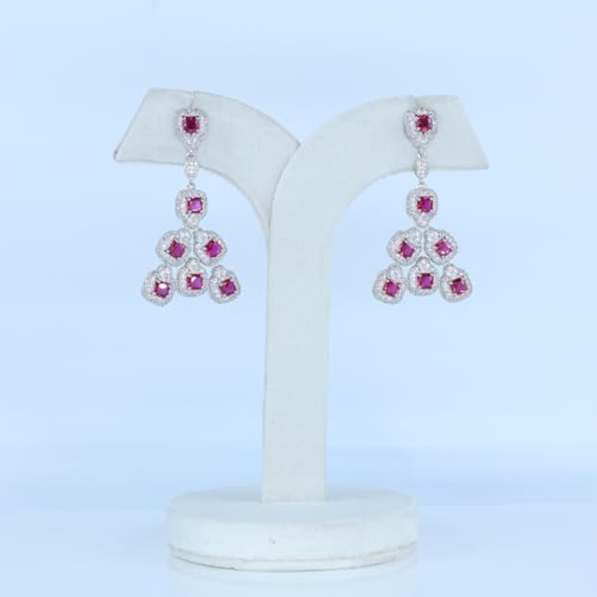 Women's Silver Ruby Square Chandelier Earrings, Stylish Set