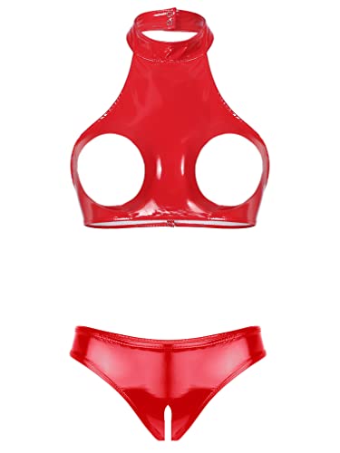 YEAHDOR Femme Sexy Ensemble Lingerie Nuit Redresse-Sein Bra Sein Nu & String Biefs Ouvert Maillot de Bain Érotique Vêtement de Nuit Pyjama Tenue Sexuel Sleepwear S-5XL O Rouge 3XL