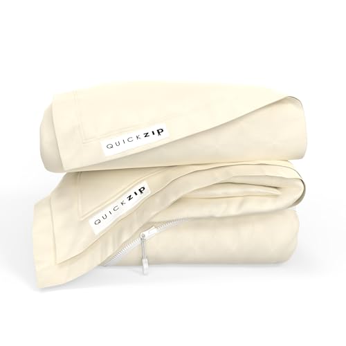 Image of QuickZip Fitted Plus Spare Bundle: 1 Fitted Sheet (Base + Zip Sheet) & 1 Zip Sheet - Easy to Change, Won't Pop Off - Soft Percale 400 TC 100% Cotton - 15 inch Deep Pockets RV King Size Sheets - Ivory