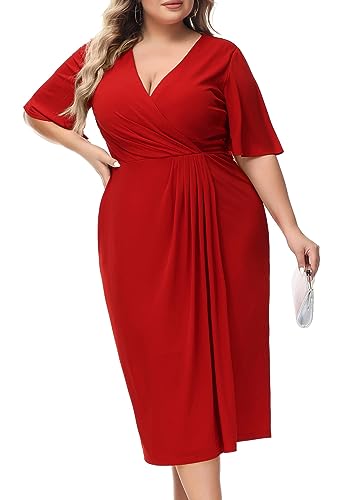 Hanna Nikole Vestido de cóctel para mujer, tallas grandes, cuello en V, manga corta, vestido de cóctel, rojo, 46-48 grande