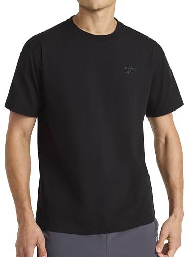 Reebok Mens Embroidery Crewneck T-Shirt Standard Fit Lightweight Stretch Cotton-Blend Jersey Fabric Black Large