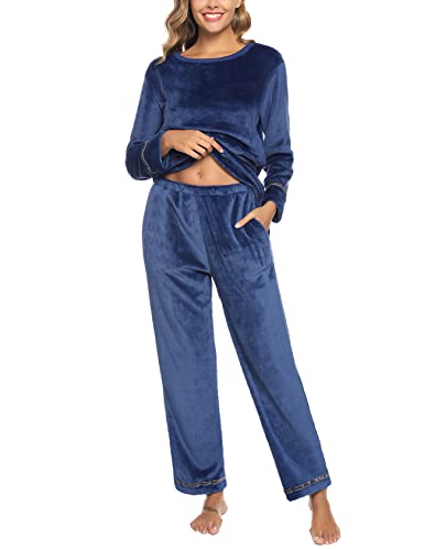 Nieery Schlafanzug Flanell Damen Winter Warme Nicki Hausanzug Zweiteiliger Fleece Pyjama Set Kuschelig Rundhals Pullover und Lang Hose Marineblau XL