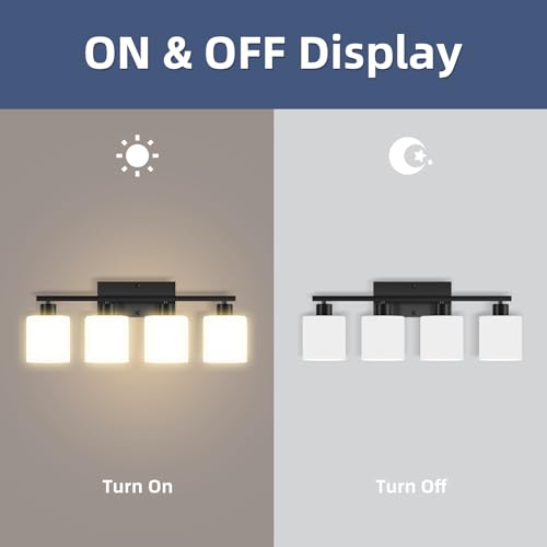 Image of SILAMPDI Black Bathroom Light Fixtures Over Mirror, 4-Light Vanity Lights for Bathroom, Modern Wall Sconces Lighting for Bedroom Living Room, Milky White Glass Shades, E26 Base, Bulbs Not Included