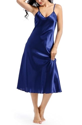 Image of ALCEA ROSEA Women's Midi Satin Slip Dress Adjustable Spaghetti Strap Nightgown Silky Under Dresses