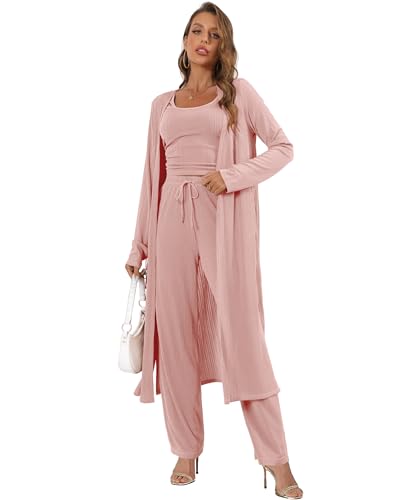Image of 3 Piece Lounge Sets for Women Airport Travel Outfit | Long Cardigan,Tank Top ,Wide Leg Pants with Pockets,Comfy Loungewear,Casual Chic, Airplane Clothing,Vacation Matching Set