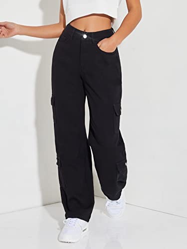WDIRARA Women's Cargo Denim Pants High Waist Straight Leg Boyfriend Jeans with Pocket3