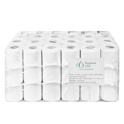 Hygiene VOS Toilettenpapier 3-lagig – 72 Rollen – Zellstoff aus Frischfasern – 250 Blatt pro Rolle – Weiß – Weich & reißfest – Großpackung für Haushalt & Gewerbe