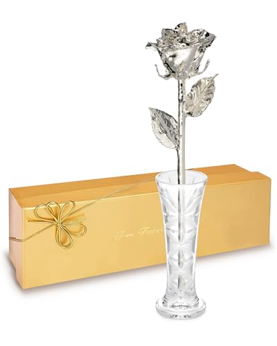 Image of Forever Rose Real Rose Dipped in Silver, Clear Glass Bud Vase & Gold Box