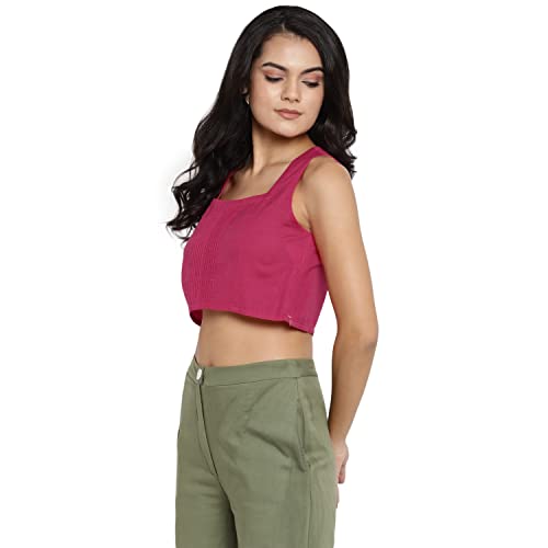 Image of DEEBACO Women's Regular Fit Cotton Pintuck Round Neck Solid Crop Top for Women Stylish Sleeveless One Piece Casual Girl Tops (White, Pink, Mustard)