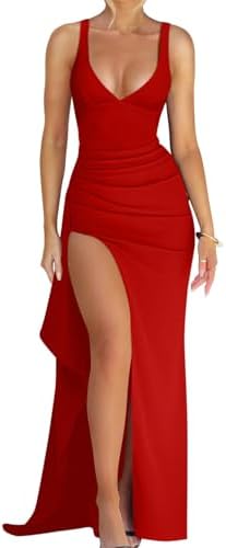 Memoriesea Women's Sexy Plunge Neckline Bodycon Ruched High Slit ...