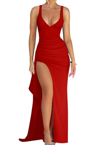 Memoriesea Women's Sexy Plunge Neckline Bodycon Ruched High Slit Party Maxi Dress Red