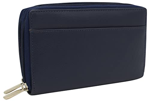 MARSHAL Genuine Leather Womens RFID Blocking Security Double Zip-around Indexer Phone Wallet (Blue)