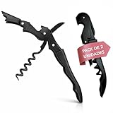 Sacacorchos Profesional de Camarero – Pack de 2 Abridores de Vino Negro Mate – Doble Palanca en Acero Inoxidable – Abrebotellas Integrado – Extracción Fácil y Suave para Vino