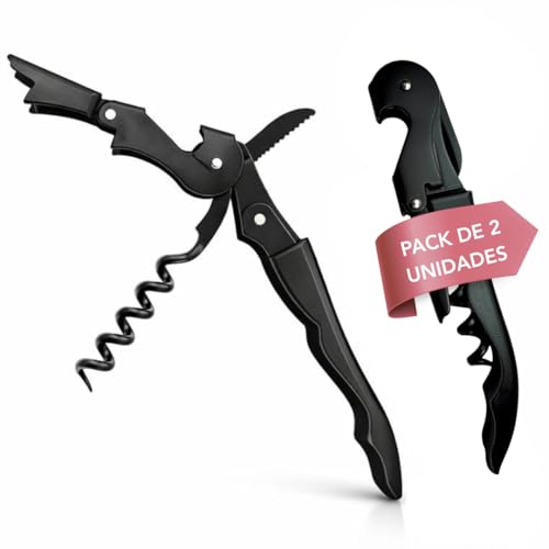 Sacacorchos Profesional de Camarero – Pack de 2 Abridores de Vino Negro Mate – Doble Palanca en Acero Inoxidable – Abrebotellas Integrado – Extracción Fácil y Suave para Vino
