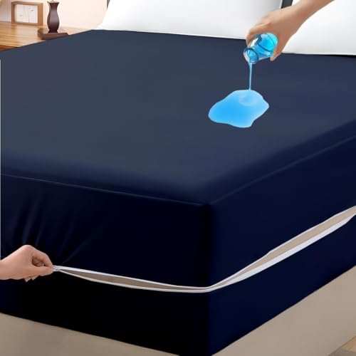 Image of Zipper Closure Style Mattress Protector King Size 100% Waterproof Six-Sided Mattress Encasement for Bed 72x72 Inch Fit On 6 Inch 6X6 Feet Navy Blue