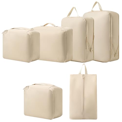 Organizador de maletas beis, bolsas de compresión, cubos de compresión, el diseño de compresión ahorra espacio de equipaje (juego de 6 piezas).