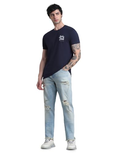 Image of Jack & Jones Men Pure Cotton Typography Printed Slim Fit T-Shirt