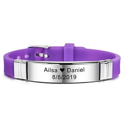 MeMeDIY 13mm Large Identification De Nom De Sport Réglable en Silicone Bracelet Personnalisé pour Homme Femme Enfant Caoutchouc en Acier Inoxydable - Gravure Personnalisée (Violet Couleur) Cover