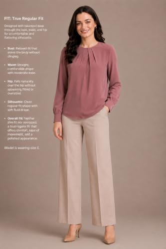 Image of Mirana Women's Full Sleeve Solid Top | Round Neck Pleated Front Regular Fit Office Casual Blouse with Button Cuffs