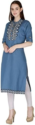 HI-FASHION Embroidered Denim Kurti For Women || Indian Tunic Top Patch Work Denim Straight Kurta For Women's And Girls