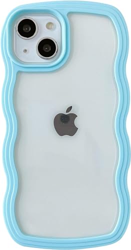 Image of MIDOS Back Cover Compatible with iPhone 14 Plus, Cute Curly Wave Frame Clear Case for Girls Women, Transparent Soft Silicone TPU Bumper Shockproof Protective Cover for iPhone 14 Plus (Blue)