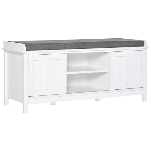 HOMCOM Entryway Shoe Bench Storage Ottoman with Sliding Doors, Adjustable