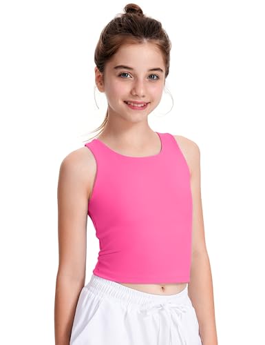 JOCMIC Girls Tank Tops Athletic Tanks with Built-in Bra Double-Lined Racerback Workout Crop Tops for Sports Yoga Hot Pink 7-8 Years