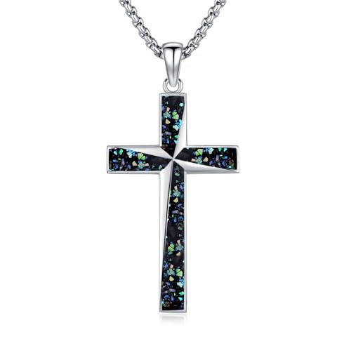 REDSUN Cadena de cruz de madera S925, plata de ley grande, colgante de ébano, amuleto protector para hombres, mujeres, 22 + 2 pulgadas, cadena de acero inoxidable, 40*24mm, Plata esterlina, Concha