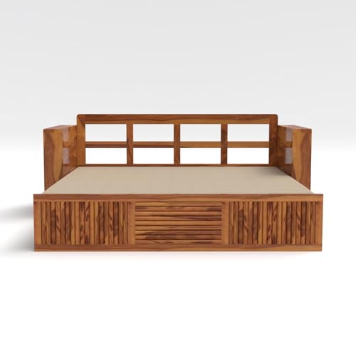Image of Kunjal Furniture Solid Sheesham Wood Sofa Cum Bed with Storage for Living Room | Natural Finish | 3-Seater Convertible Sofa Bed | Handmade Wooden Furniture (Natural, Europian)