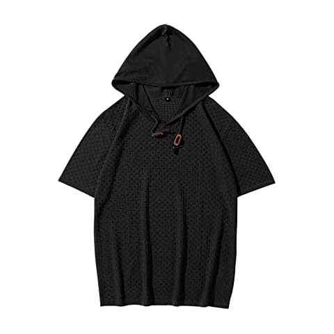 Men's Knit Sweatshirt Hoodie Summer Short Sleeve Pullover for sports, Black, S/M Cover