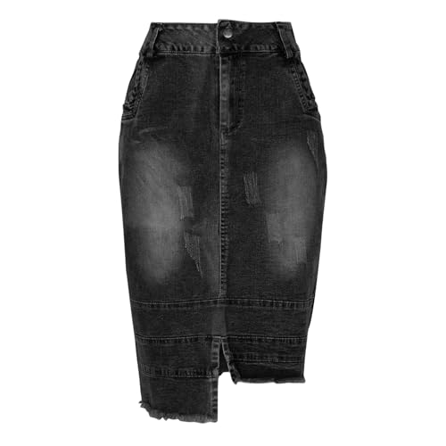 Women's Casual Asymmetrical Jeans Skirt Fashion Irregular Hem High Waist Washed Bodycon Denim Midi Skirt with Pocket