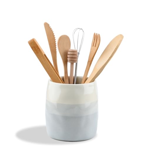 YoHyien Ceramic Kitchen Utensil Holder, Cooking Utensils Pot for Countertop Organisation, Cutlery Storage Jar for Spoons, Spatulas, Tableware, Cream and Grey Layered Design (S)