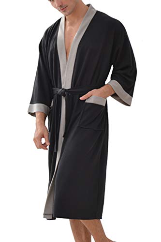 Albornoz Hombre Ducha Waffle Bata de Baño Kimono Ropa De Dormir Camisón Ligero De Encaje SPA Hotel Salón Ropa de Casa Negro M
