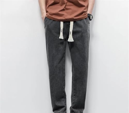 Men's Cotton Jeans Spring Summer Soft Drawstring Straight Denim Pants Vintage Casual Trousers3