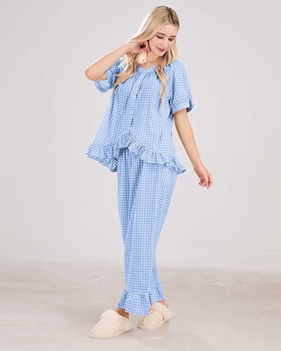 Image of codcm Womens Gingham Pajama Set 2 Piece Short Sleeve Babydoll Shirt and Pants Lounge Set Cute Sleepwear