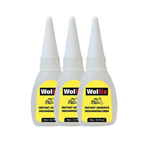 Wolfix Sekundenkleber 3 Stück x 20g Universal Cyanacrylat flüssiger Sekunden Kleber für Papier Leder Metall Holz Kunstsoff Gummi Porzellan Keramik Superglue Alleskleber Cover