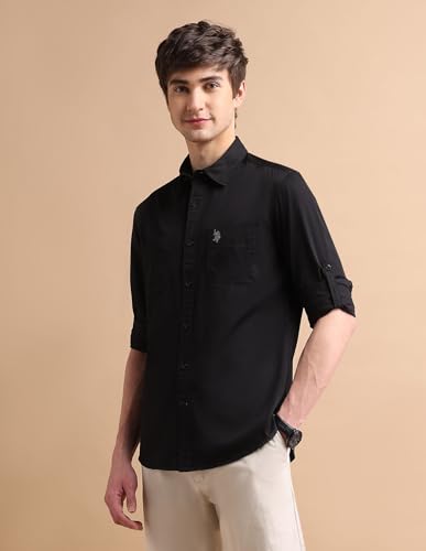 Image of U.S. POLO ASSN. Denim CO. Solid Regular Fit Shirt for Men - 100% Cotton, Breathable & Comfortable, Full Sleeves Casual Shirt for Men - 50, Black