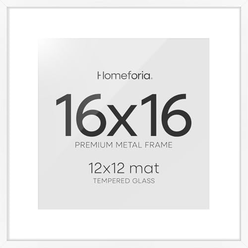 Image of Homeforia 16x16 Picture Frame White, High End Metal 16x16 Square Poster Frame Matted to 12x12 Print, 16 x 16 White Frames with Mat 12 x 12 Photo, 16by16 Thin Frames, Tempered Glass, Wall Kit, Set of 2