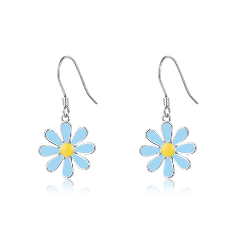 SLUYNZ 925 Sterling Silver Daisy Flower Dangle Earrings for Women Teens Girls Blue Flower Drop Earrings Summer Spring Earrings
