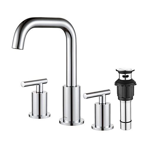 Forious Chrome Widespread Bathroom Faucet 2 Handle, Brass Bathroom Sink Faucet Chrome With Metal Drain Assembly, Polished Chrome Bathroom Faucet 3 Hole With 360 Degree Swivel Spout, Basin Tap #TOP15