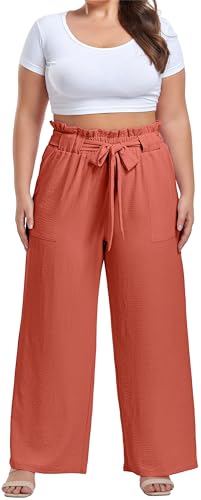 Image of OLRIK Women's Plus Size Pants Adjustable High Waisted Wide Leg Palazzo Pants Casual Trousers with Pockets Spring Clothes