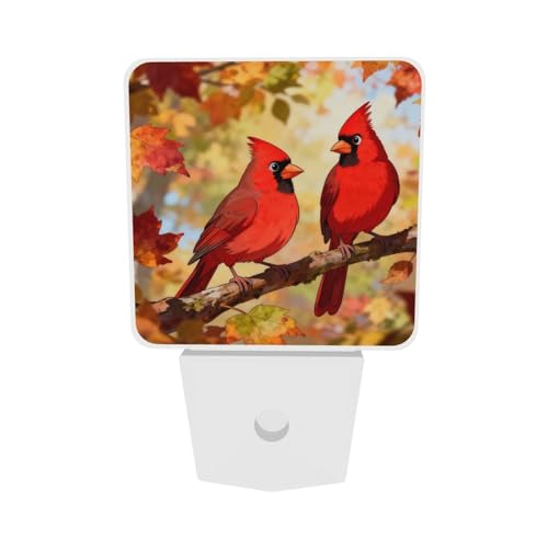 Image of Fall Maple Night Light Set of 2, Red Birds Auto Sensor LED Dusk-to-Dawn Nightlights, Plug-in Sensor Lamp for Bedroom Bathroom Kitchen Hallway Stairs Decorative