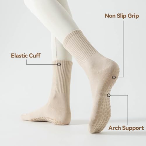 Image of TOAMOUR Pilates Socks with Grips for Women, 4 Pairs Non Slip Grippy Socks | Athletic Ballet Barre Dance Workout Hospital Yoga Crew Socks, Arch Support, Elastic Stretch, Smooth Toe, US 5-9