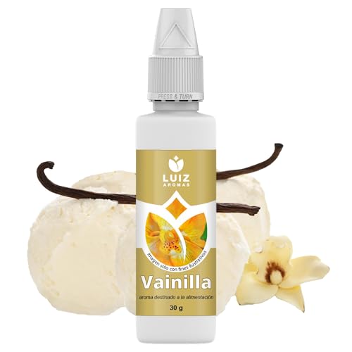 LUIZ AROMAS | Aroma Vainilla - Aroma Alimentario en Gotas para dulces de Hornear, Pasteles, Bizcochos y Tartas | Producto Vegano sin Calorías y sin Azucar | Producto 100% Italiano (30g)