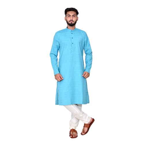 RICHART Men’s Traditional Solid Linen Kurta Pajama Set, Mandarin Collar Ethnic Daily Wear with White Bottoms