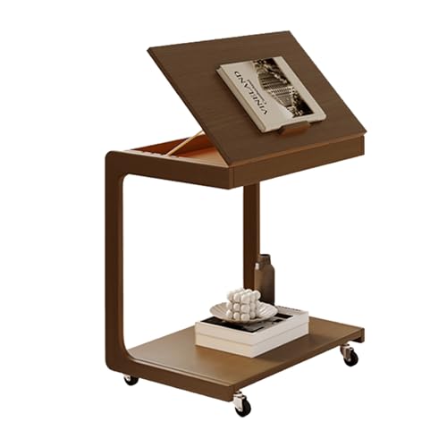 Mesa auxiliar rodante en forma de C con escritorio ajustable, mesa auxiliar de madera maciza para espacios pequeños, mesa auxiliar marrón con ruedas para dormitorio y sala de estar