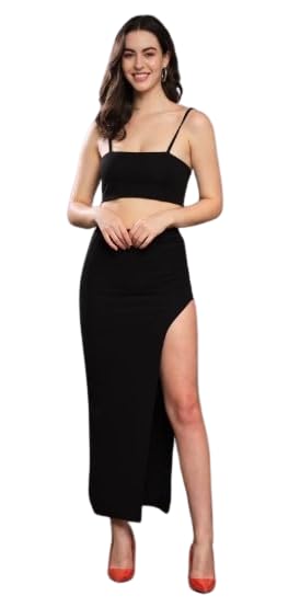 woo thing Casual Solid Top and Skirt Set for Women | Stylish Western Co-Ord Set for Women | Straps Top and Long Slit Skirt Set for Women-picture-41