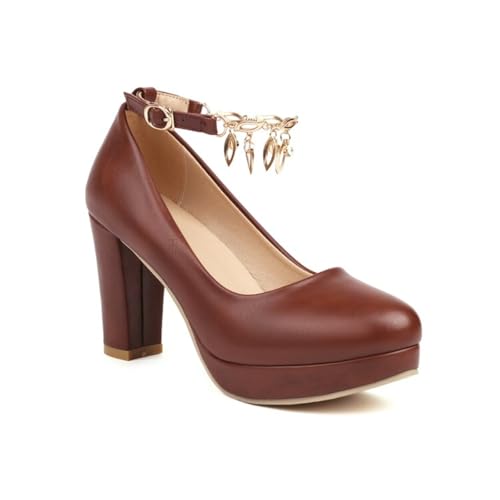 Aflngle Women's Platform Chunky High Heel Mary Jane Pumps Round Closed Toe Rhinestones Metal Chain Strap Buckle Wedding Party Prom Dress Shoes