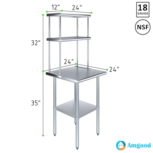 Image of AmGood Stainless Steel Work Table with 12 inch Wide Double Tier Overshelf | Metal Kitchen Prep Table & Shelving Combo | NSF (Stainless Steel Table with Double Overshelves, 24 inch Long x 24 inch Deep)