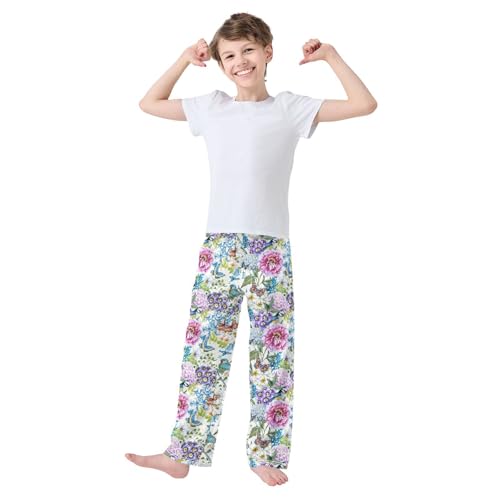 Butterfly Bird Spring Flowers Boys Long Pants Soft Trousers Elastic Waist Kids Lounge Bottoms with Pockets S-XL2